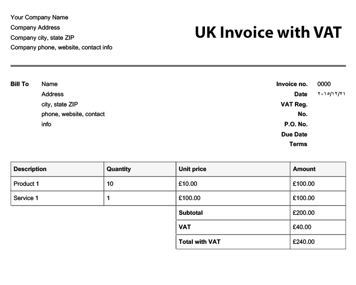 UK Invoice Template with VAT