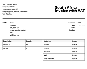 South Africa Invoice Template with VAT